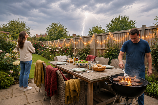 Man cooking burgers on a BBQ in a British garden with lightning in the stormy sky