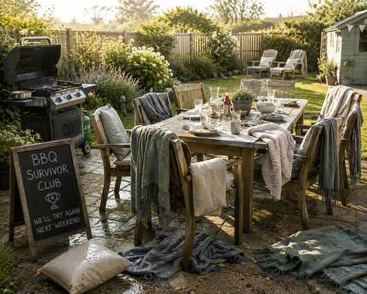 Morning garden scene with outdoor dining table, damp blankets and BBQ setup