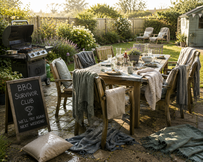 Morning garden scene with outdoor dining table, damp blankets and BBQ setup