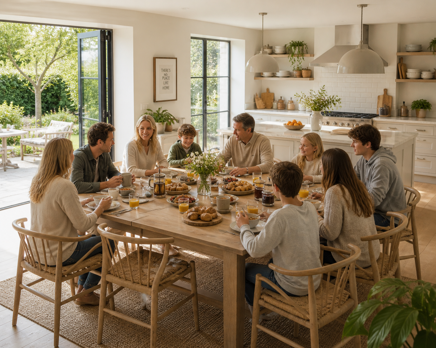 Modern family breakfast setting with large wooden dining table and natural interiors